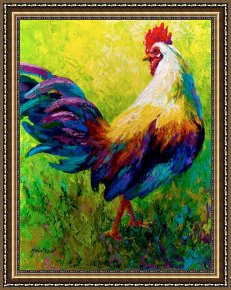 Rose Bed And Geese Framed Prints - CEO Of The Ranch - Rooster by Marion Rose