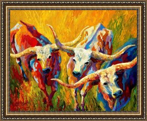 Cherokee Roses on a Purple Cloth Framed Paintings - Dance Of The Longhorns by Marion Rose