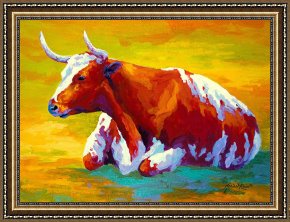 Rose Bed And Geese Framed Prints - Longhorn Cow by Marion Rose