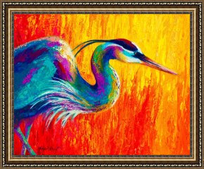 Between Geest And Marsh Framed Paintings - Stalking The Marsh - Great Blue Heron by Marion Rose