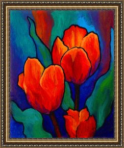 Cherokee Roses on a Purple Cloth Framed Paintings - Tulip Trio by Marion Rose