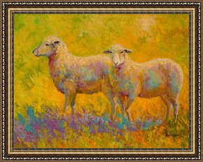 When The West with Evening Glows Framed Paintings - Warm Glow - Sheep Pair by Marion Rose