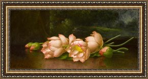 Heade Framed Paintings - Lotus Flowers a Landscape Painting in The Background by Martin Johnson Heade