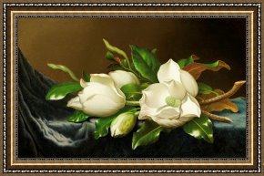 Heade Framed Paintings - Magnolias on Blue Velvet Couch by Martin Johnson Heade