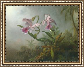 Heade Framed Paintings - Pink Orchids And Hummingbird on a Twig by Martin Johnson Heade