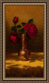 Cherokee Roses on a Purple Cloth Framed Paintings - Red Roses in a Japanese Vase on a Gold Velvet Cloth 2 by Martin Johnson Heade