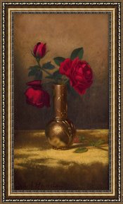 Cherokee Roses on a Purple Cloth Framed Paintings - Red Roses in a Japanese Vase on a Gold Velvet Cloth by Martin Johnson Heade