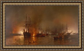 Square - Fort-philippe Framed Paintings - Farragut's Fleet Passing the Forts Below New Orleans by MFH De Haas