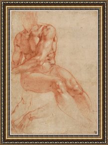 Seated Nude Framed Paintings - Seated Young Male Nude And Two Arm Studies (recto) by Michelangelo Buonarroti