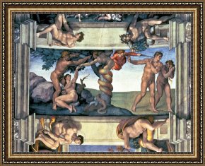 The Garden of Eden Framed Paintings - Sistine Chapel Ceiling The Fall of Man And The Expulsion From The Garden of Eden by Michelangelo Buonarroti