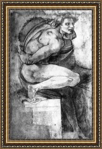 Males Nudes in a Seated Tug-of-war Framed Paintings - Study of a Male Nude with Bent Leg Gabinetto Dei Disegni E Delle Stampe Uffizi Gallery Florence by Michelangelo Buonarroti
