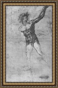 Males Nudes in a Seated Tug-of-war Framed Paintings - Male Nude, Study for The Battle of Cascina by Michelangelo