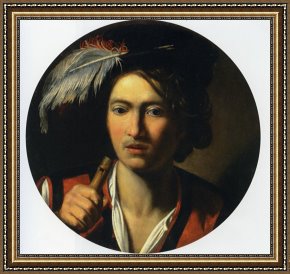 Bust Framed Prints - Portrait of a Young Man Bust Length Holding a Flute And Wearing a Feather in His Hat by Nicolas Regnier