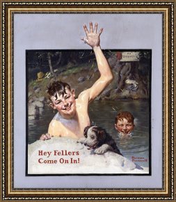 The Fairy Feller's Masterstroke Framed Prints - Hey Fellers, Come on In! 1920 by Norman Rockwell