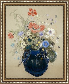 Flowers in a Blue Vase Framed Prints - A Vase Of Blue Flowers by Odilon Redon