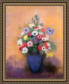 Odilon Redon Framed Prints - Anemones And Lilac In A Blue Vase by Odilon Redon