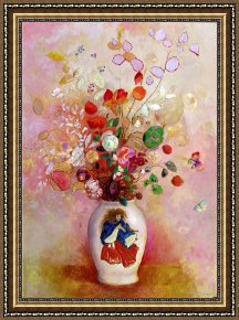 Flowers in a Blue Vase Framed Prints - Bouquet Of Flowers In A Japanese Vase by Odilon Redon
