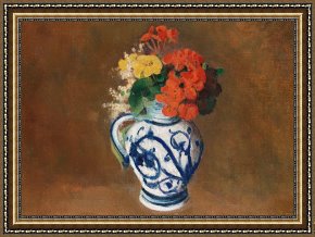 Flowers in a Blue Vase Framed Prints - Flowers In A Blue Vase by Odilon Redon