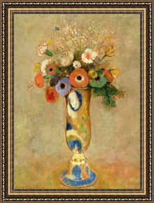 Odilon Redon Framed Prints - Flowers In A Painted Vase by Odilon Redon