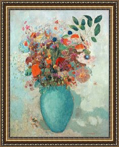 Odilon Redon Framed Prints - Flowers In A Turquoise Vase by Odilon Redon