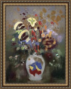 Flowers in a Blue Vase Framed Prints - Still Life of a Vase of Flowers by Odilon Redon