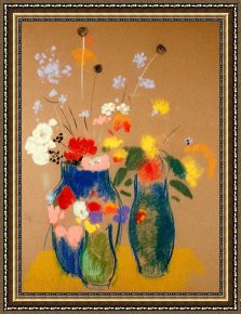 Flowers in a Blue Vase Framed Prints - Three Vases Of Flowers by Odilon Redon