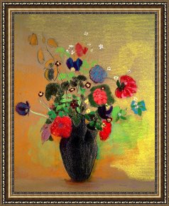 Flowers in a Blue Vase Framed Prints - Vase Of Flowers by Odilon Redon