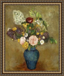 Flowers in a Blue Vase Framed Prints - Vase Of Flowers by Odilon Redon