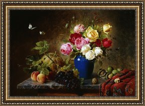 Vase Framed Prints - Roses In A Vase Peaches Nuts And A Melon On A Marbled Ledge by Olaf August Hermansen
