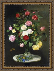 Wild Boar Framed Prints - A Bouquet Of Roses In A Glass Vase By Wild Flowers On A Marble Table by Otto Didrik Ottesen