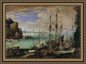 Scene Framed Prints - Scene of a Sea Port by Paul Bril