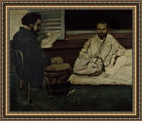 Oil Framed Prints - Paul Alexis 1847 1901 Reading a Manuscript to Emile Zola 1840 1902 1869 70 Oil on Canvas by Paul Cezanne