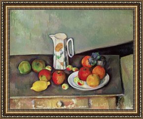 Paul Cezanne Framed Prints - Still life with milkjug and fruit by Paul Cezanne