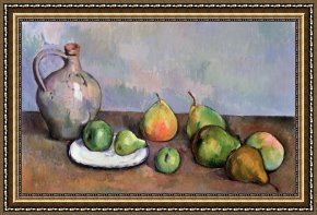 Paul Cezanne Framed Prints - Still Life with Pitcher and Fruit by Paul Cezanne