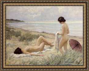 Naked Framed Paintings - Summer on the Beach by Paul Fischer