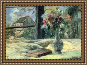 Flowers in a Blue Vase Framed Prints - Vase of Flowers at The Window by Paul Gauguin