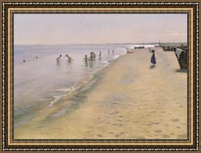 Carving The Name of Jesse Owens Into The Champions Plinth at The 1936 Summer Olympics in Berlin Framed Paintings - Summer Day at the South Beach of Skagen by Peder Severin Kroyer