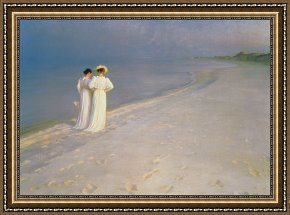 A Quiet Evening Framed Prints - Summer Evening on the Skagen Southern Beach with Anna Ancher and Marie Kroyer by Peder Severin Kroyer