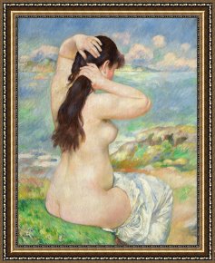 Nudity Framed Paintings - Bather Arranging her Hair by Pierre Auguste Renoir