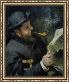 Claude Monet Framed Prints - Claude Monet reading a newspaper by Pierre Auguste Renoir