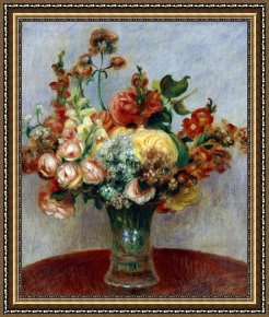 Flowers in a Blue Vase Framed Prints - Flowers In A Vase by Pierre Auguste Renoir
