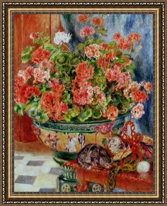 Pierre Framed Paintings - Geraniums and Cats by Pierre Auguste Renoir