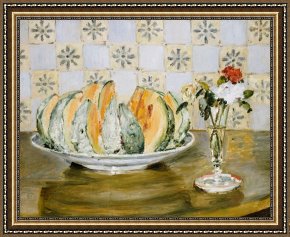 Flowers in a Blue Vase Framed Prints - Still Life Of A Melon And A Vase Of Flowers by Pierre Auguste Renoir