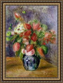 Flowers in a Blue Vase Framed Prints - Vase of Flowers by Pierre Auguste Renoir