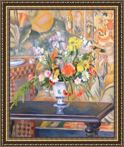 Flowers in a Blue Vase Framed Prints - Vase of Flowers by Pierre Auguste Renoir