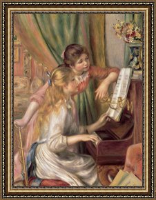 Pierre Framed Paintings - Young Girls at the Piano by Pierre Auguste Renoir