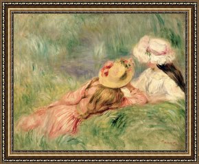 Pierre Framed Paintings - Young Girls on the River Bank by Pierre Auguste Renoir