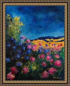 Flowers in a Blue Vase Framed Prints - Blue and pink flowers by Pol Ledent