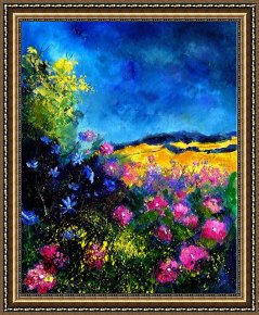 Flowers in a Blue Vase Framed Prints - Blue and pink flowers by Pol Ledent