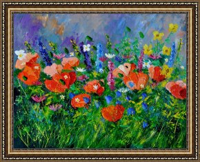 Farm Garden with Flowers Framed Paintings - Garden flowers by Pol Ledent